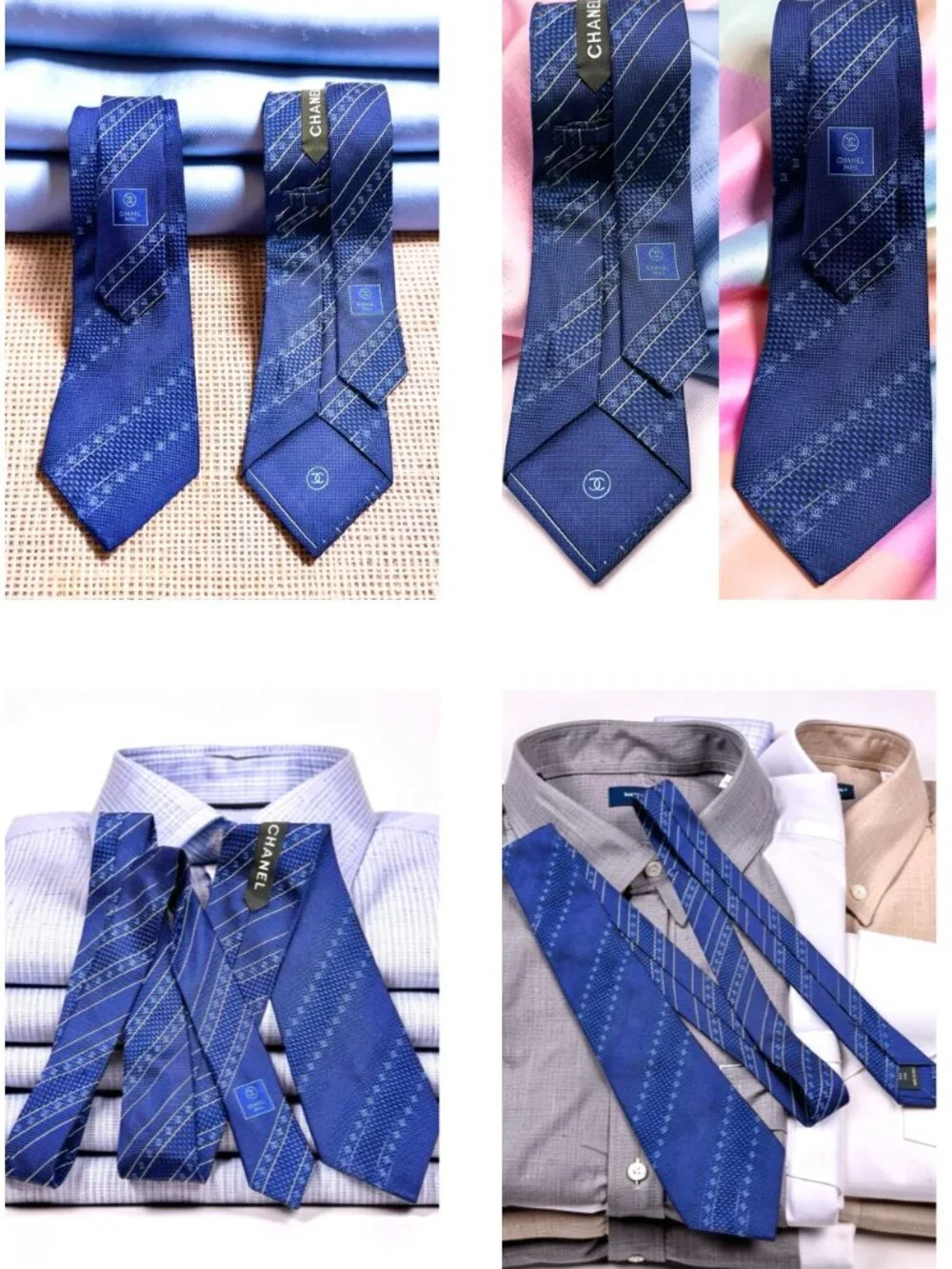 Classic Chanel Paris 100% Silk Necktie Blue Striped Logo Printed Italy Made(2) - Picture 15 of 15